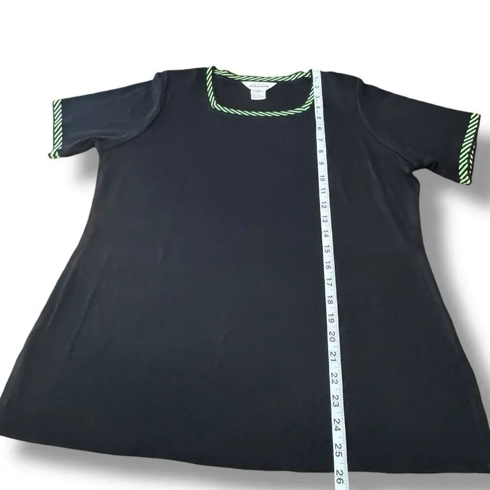 Exclusively Misook Knit Black Short Sleeve Green Stripes Acrylic Pullover Sz XL